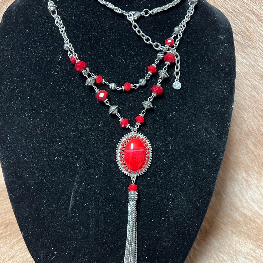 Vintage Ruby Rd. Red Crystal Pendant Necklace with Silver Tassel